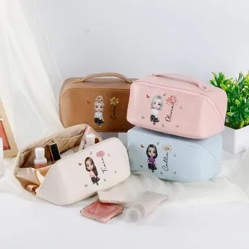 Discover Personalised Cartoon Character Birth Flower Leather Wide Open Makeup Bag with Name Portable Travel Accessories Birthday Gift for Women Girls