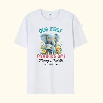 Discover Personalised Cute Elephant Our First Mother's Day Cotton T-shirt with Text First Mother's Day Birthday Gift for New Mommy