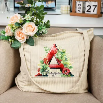 Discover Personalised 3D Floral Initial Large Corduroy Tote Bag with Name and Handle for Casual Shopping Work Christmas Gift for Women