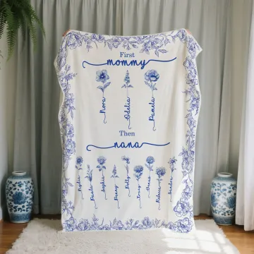 Discover Personalised Toile De Jouy Birth Flower Soft Throw Blanket with Name Home Decor Birthday Christmas Gift for Mom Grandma