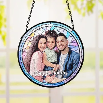 Discover Personalised Stained Glass Style Family Photo Suncatcher Ornament with Text Window Balcony Hanging Decor Birthday Gift for Grandma Mom