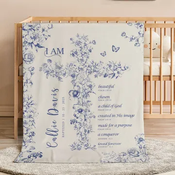 Discover Personalised Toile De Jouy Cross Bible Verse Soft Throw Blanket with Name and Date Birthday Baptism Gift for Kids Christians