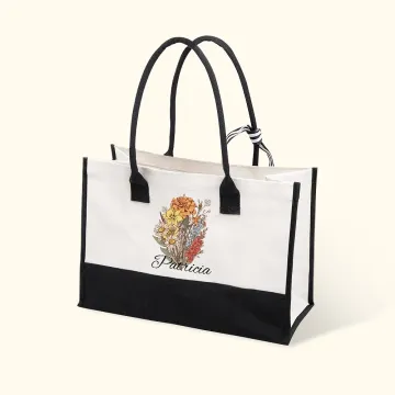 Discover Personalised Birth Flower Bouquet Canvas Beach Tote Bag with Name Mother's Day Birthday Gift for Her