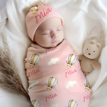 Discover Personalised Airplane Hot Air Balloon Cloud Swaddle Blanket and Knot Hat Set with Name Birthday Baby Shower Gift for Newborns Babies