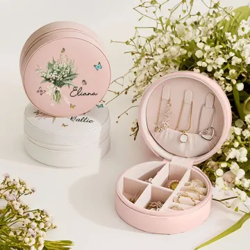 Discover Personalised Birth Flower Bouquet Leather Travel Jewellery Case with Name Portable Birthday Anniversary Family Gift for Women