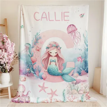 Discover Personalised Jellyfish Shell Mermaid Soft Throw Blanket with Name Birthday Baby Shower Gift for Newborn Girls