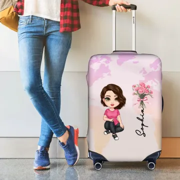 Discover Personalised World Map Birth Flower Cartoon 18-32 Inches Luggage Protective Cover with Name Travel Accessories Birthday Gift for Women Men Girls