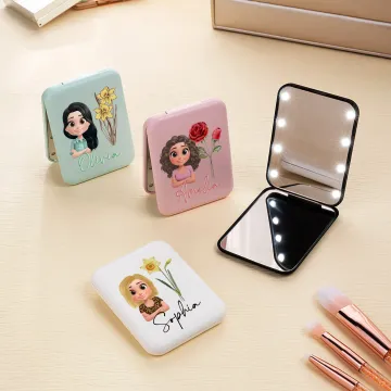 Discover Personalised Birth Flower Cartoon Character Double-Sided Makeup Mirror with LED Light Birthday Bridesmaid Gift for Women Girls