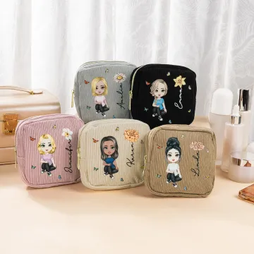 Discover Personalised Birth Flower Cartoon Character Corduroy Sanitary Napkin Storage Bag with Name Portable Travel Essentials Daily Use Gift for Women