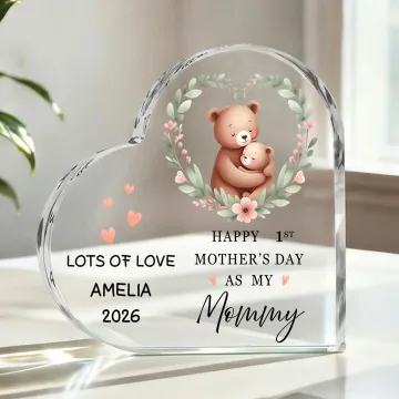 Discover Personalised Happy 1st Mother's Day Animal Pattern Heart Shape Acrylic Plaque with Name and Year Room Decor Mother's Day Gift for Mom
