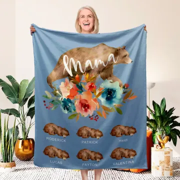 Discover Personalised Cute Watercolour Bear Mom and Kids Floral Soft Throw Blanket with Name Birthday Mother's Day Anniversary Gift for Mom Grandma