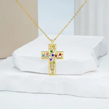 Discover Personalised Cross 2-10 Birthstones Family Tree Necklace Dainty Jewellery Mother's Day Baptism Birthday Gift for Mom Grandma Christian