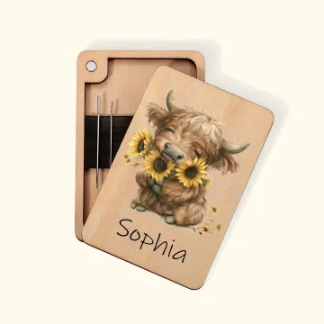 Discover Personalised Highland Cow Wooden Magnetic Needle Box with Name Birthday Anniversary Gift for Sewing Lovers