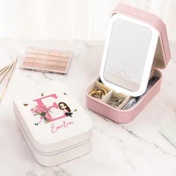 Discover Personalised Cartoon Character Leather Jewellery Box with Birth Flower and LED Light Makeup Mirror Travel Essential Birthday Gift for Women