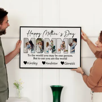 Discover Personalised Photo Collage Title Canvas Poster Framed Frameless Painting with 1-10 Kid's Names Mother's Day Home Decor Gift for Mom Grandma
