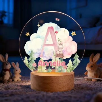 Discover Personalised Cute Wreath Animal Forest Clouds Acrylic LED Night Light with Initial Name and Wooden Base Nursery Decor Birthday Gift for Boys Girls