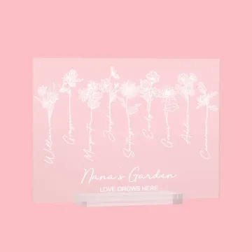 Discover Personalised Love Grows Here Birth Flower Acrylic Plaque with Names Mother's Day Birthday Gift for Mother Grandma