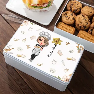 Discover Personalised Birth Flower Cartoon Cooking Mama Biscuit Tin Storage Box with Name Birthday Mother's Day Gift for Mom Grandma Baker
