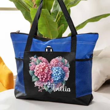 Discover Personalised Rose Daisy Sunflower Floral Heart Wreath Zippered Canvas Tote Bag with Name Travel Accessory Birthday Gift for Women Girls