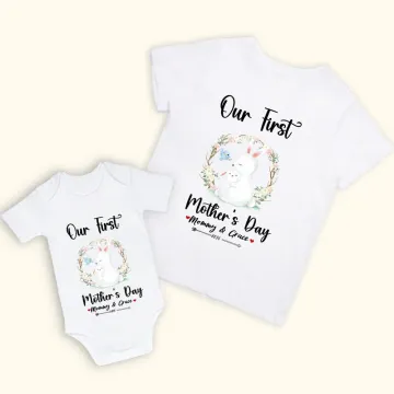 Discover Personalised Cotton Our First Mother’s Day Bunny Rabbit Mommy T-shirt and Baby Onesie with Names Gift for New Mom Baby