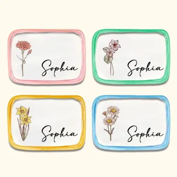 Discover Personalised Birth Flower Clear Makeup Bag with Zipper and Name Water Proof Travel Cosmetic Accessory Birthday Bridesmaid Party Gift for Her