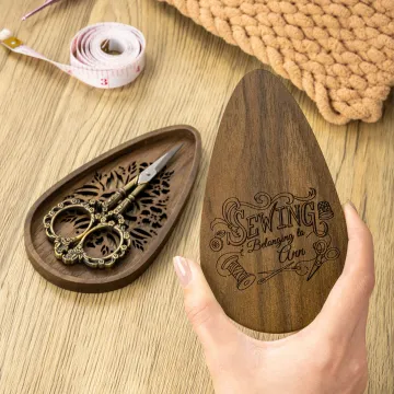 Discover Personalised Engraved Vintage Sewing Design Teardrop Magnetic Wooden Scissor Case Set with Name Mother's Day Birthday Gift for Sewing Lovers