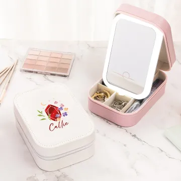 Discover Personalised Floral Birthstone Name Jewellery Box with Adjustable LED Makeup Mirror Travel Essentials Birthday Gift for Women