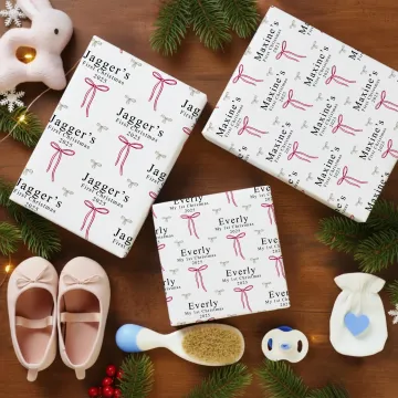 Discover Personalised Bow Wrapping Paper Set of 3 with Name and Year and Text Baby's 1st Christmas DIY Craft Packaging Gift for New Parents