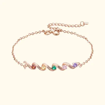 Discover Personalised Dainty 1-6 Birthstones Bracelet with Engraved Names Birthday Anniversary Gift for Mom Grandma