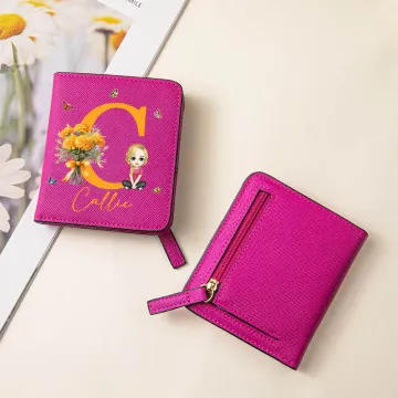 Discover Personalised Cartoon Character Birth Flower Leather Compact Bifold Pocket Wallet with Name and Initial Birthday Anniversary Gift for Women Girls