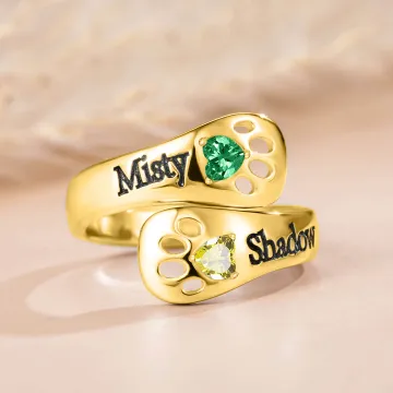Discover Personalised Dog Paw Double Heart Birthstones Sterling Silver Ring with Name Dainty Jewellery Birthday Memorial Remembrance Gift for Women Pet Lovers