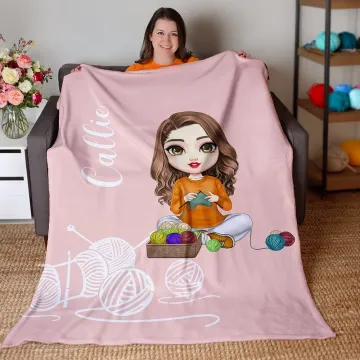 Discover Personalised Cartoon Crochet Knitting Character Soft Throw Blanket with Name Mother's Day Birthday Gift for Mom Grandma Knitting Lovers