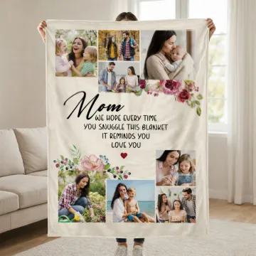 Discover Personalised Floral 8 Photos Soft Throw Blanket with Name and Text Home Decor Mother's Day Gift for Mom