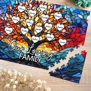 Discover Personalised Glass Art Family Life Tree Wooden Puzzle with 2-20 Heart Names Home Decor Birthday Mother's Day Gift for Mom Grandma