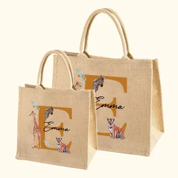 Discover Personalised Jungle Animal Jute Tote Bag with Name and Initial Large Capacity Birthday Baby Shower Gift for Kids