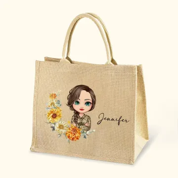 Discover Personalised Birth Flower Cartoon Character Reusable Jute Tote Bag with Name Birthday Gift for Women