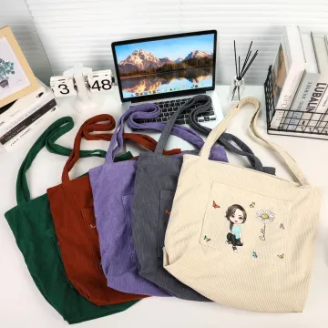 Discover Personalised Cute Cartoon Character Large Corduroy Tote Bag with Birth Flower and Name Daily Use Birthday Gift for Women Girls