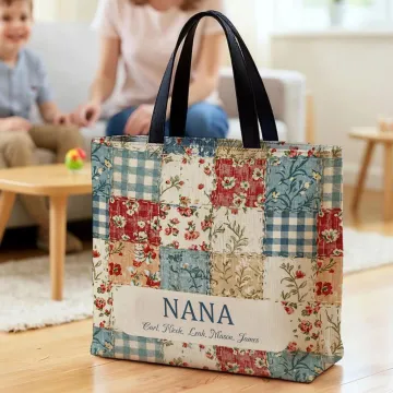 Discover Personalised Vintage Ditsy Floral Patchwork Style Large Tote Bag with Names Daily Use Mother's Day Birthday Gift for Women