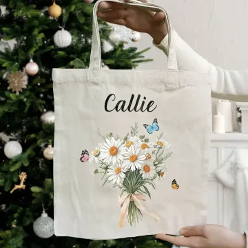 Discover Personalised 1-8 Birth Flowers Bouquet Durable Canvas Tote Bag with Name Birthday Mother‘s Day Gift for Women