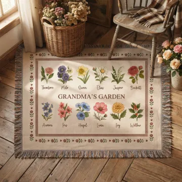 Discover Personalised Retro Birth Flower Grandma's Garden Tassel Soft Throw Blanket with Names and Title Mother's Day Birthday Gift for Grandma Family