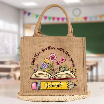 Discover Personalised Pencil Books Flowers Jute Tote Bag with Name Large Storage Travel Accessory Party Birthday Gift for Women