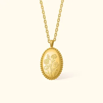 Discover Personalised Retro Birth Flower Bouquet Oval Pendant Necklace Dainty Engraved Jewellery Birthday Anniversary Mother's Day Gift for Women