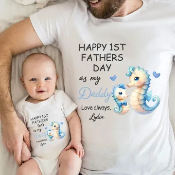 Discover Personalised Cute Seahorse Hedgehog Family Animals 100% Cotton Baby Bodysuit Matching T-shirt with Name First Father's Day Gift for Dad Newborn
