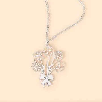 Discover Personalised Dainty Bow Birth Flower Bouquet Pendant Necklace Family Jewellery Birthday Anniversary Mother's Day Gift for Women