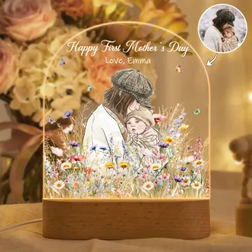 Discover Personalised Hand-Painted Watercolor Style Photo Acrylic Night Light with Name and Title Room Decor Mother's Day Birthday Gift for Newborns Mom