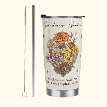 Discover Personalised Birth Flower Bouquet 20oz Food-grade Stainless Steel Tumbler with Name and Straw Mother's Day Birthday Gift for Grandma Mom