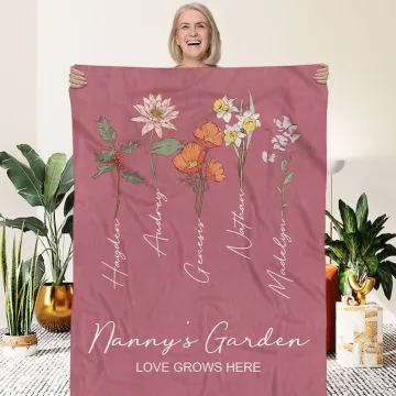 Discover Personalised Watercolour Birth Flower Blanket with Name and Love Grows Here Quote Retro Home Decoration Birthday Gift for Mom Grandma