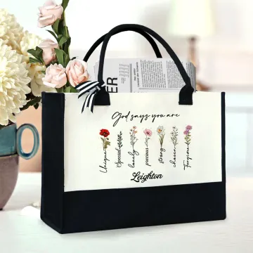 Discover Personalised God Says You Are Flower Bible Verse Large Canvas Tote Bag with Name Positive Affirmation Religious Gift for Christian