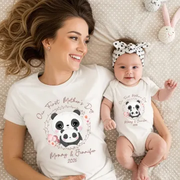 Discover Personalised Cute Animal Wreath 100% Cotton Baby Bodysuit Matching T-shirt with Names and Date First Mother's Day Gift for Newborn New Mom