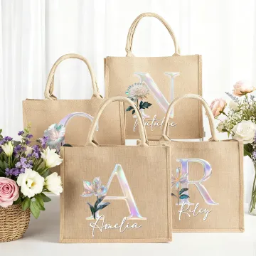 Discover Personalised Mother of Pearl Effect Birth Flower Initial Jute Tote Bag with Name Birthday Christmas Anniversary Gift for Women Family Friends